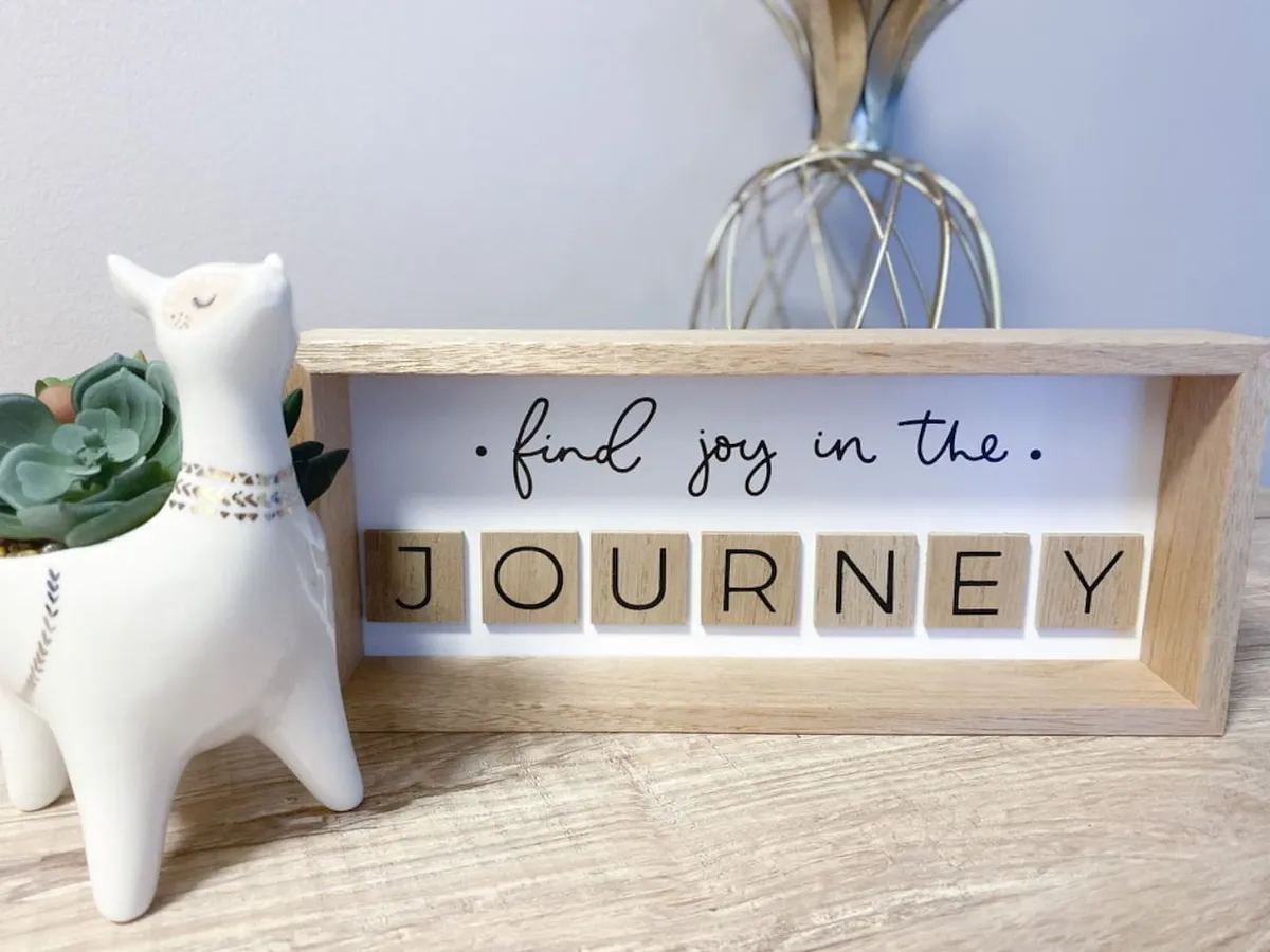 A cozy vignette featuring a decorative sign, a playful llama figurine, and a succulent plant, all arranged on a shelf or table within a welcoming, family-friendly space.
